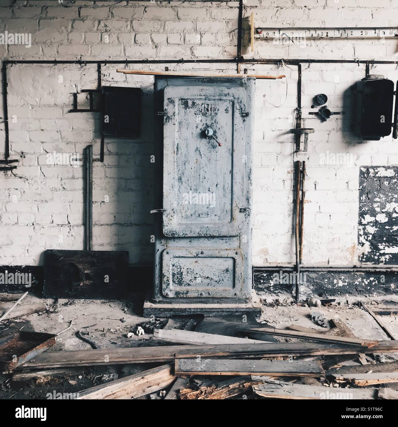 Metal safe at an abandoned workshop at the Duga radar installation in Chernobyl, Ukraine - Smartphone Captured Stock Image