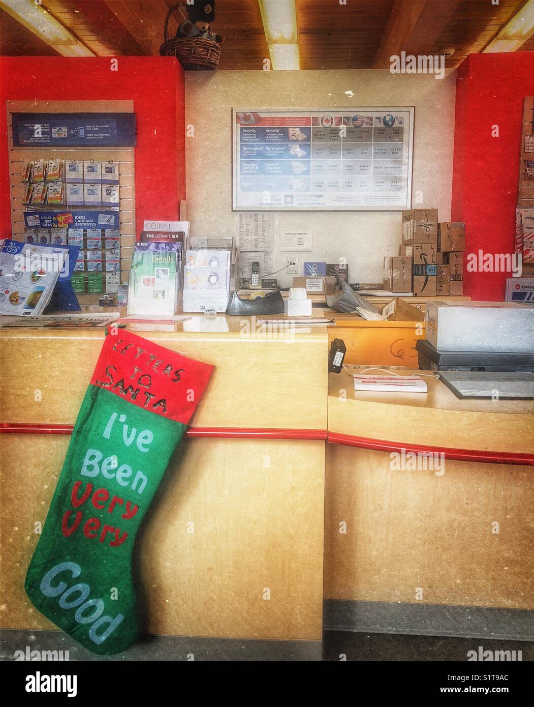 Letters to Santa Christmas stocking at a Post Office in Orono, Ontario, Canada - Smartphone Captured Stock Image