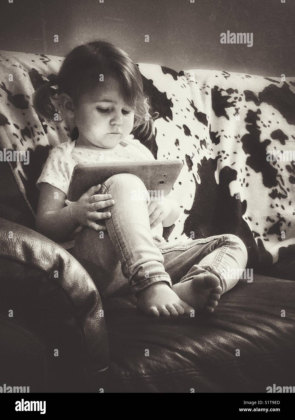 Monochrome image of toddler girl playing with a tablet while sitting on a leather sofa with Holstein cow print blanket - Smartphone Captured Stock Image