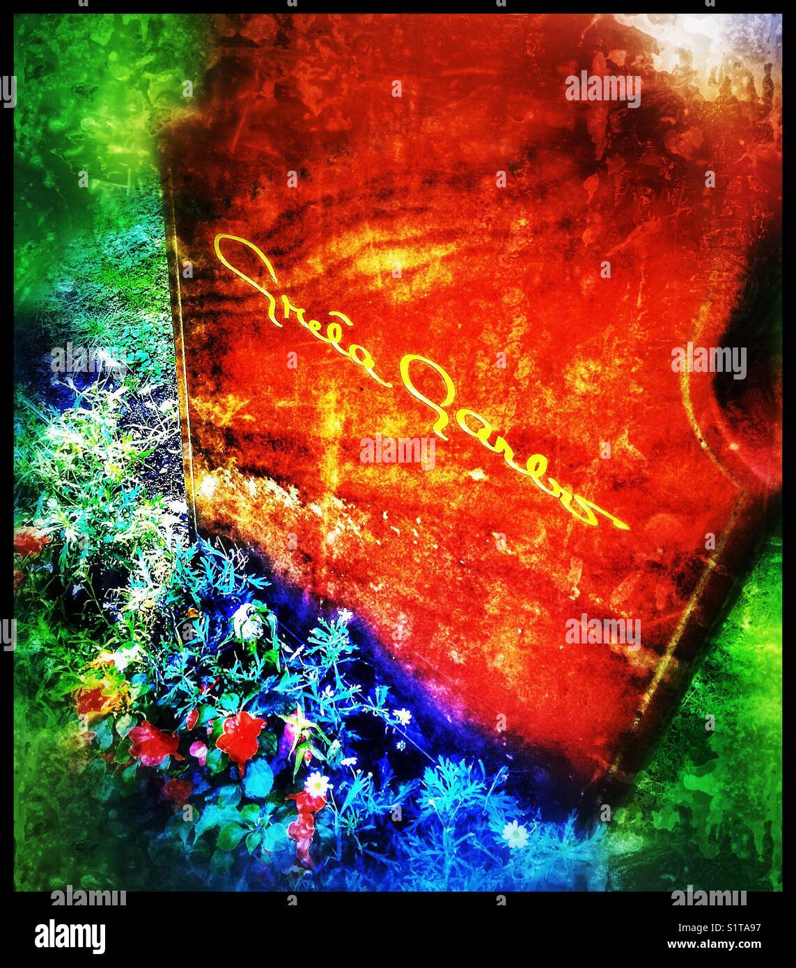 Gravestone of Swedish film star Greta Garbo in Skogskyrkogarden Cemetery a UNESCO World Heritage site, Stockholm, Sweden, Scandinavia - Smartphone Captured Stock Image