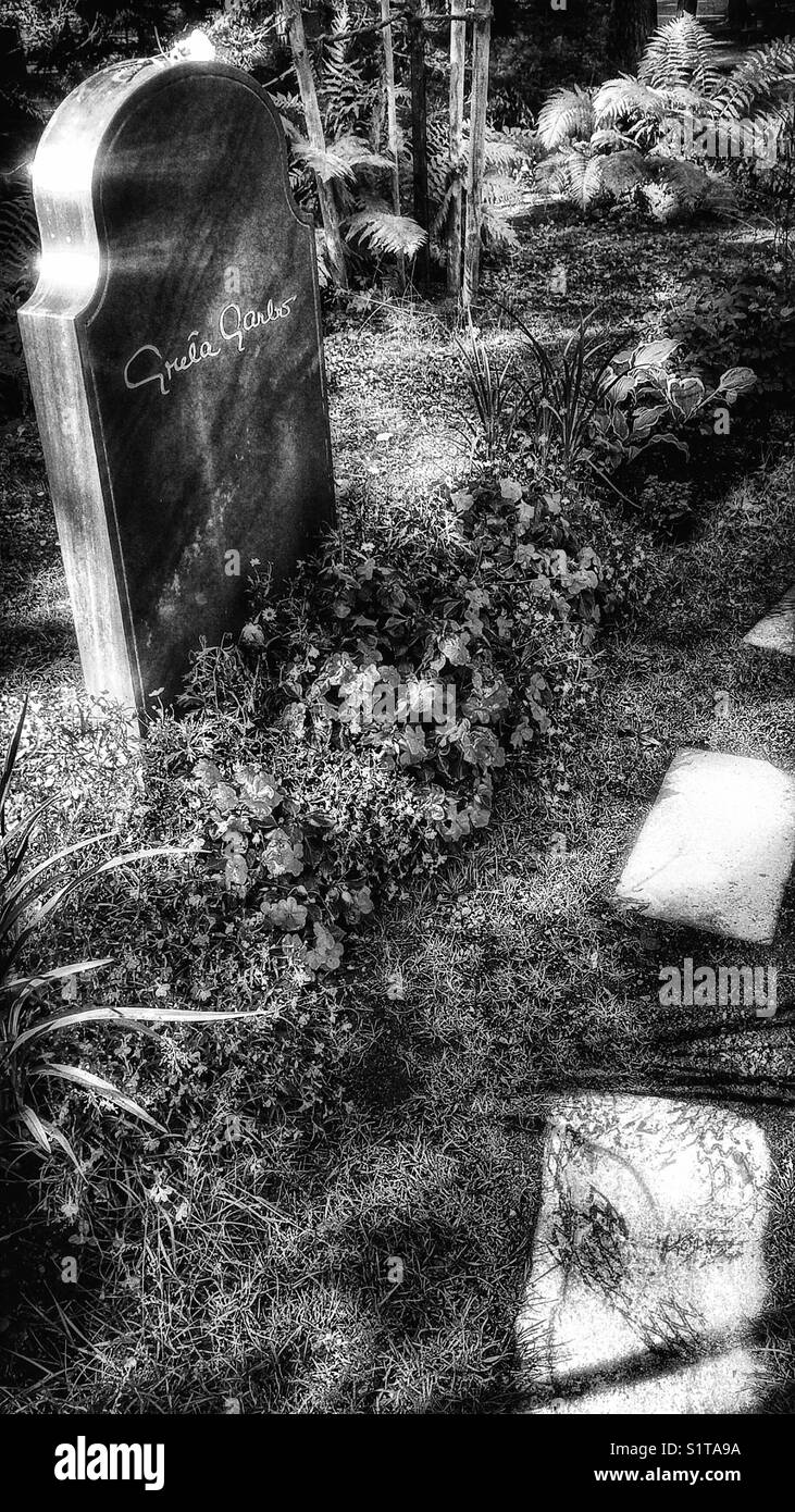 Grave of Swedish film star Greta Garbo in Skogskyrkogarden Cemetery a UNESCO World Heritage site, Stockholm, Sweden, Scandinavia - Smartphone Captured Stock Image