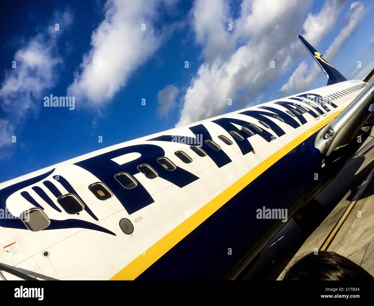 A Ryanair plane fuselage close up at an abstract angle Stock Photo