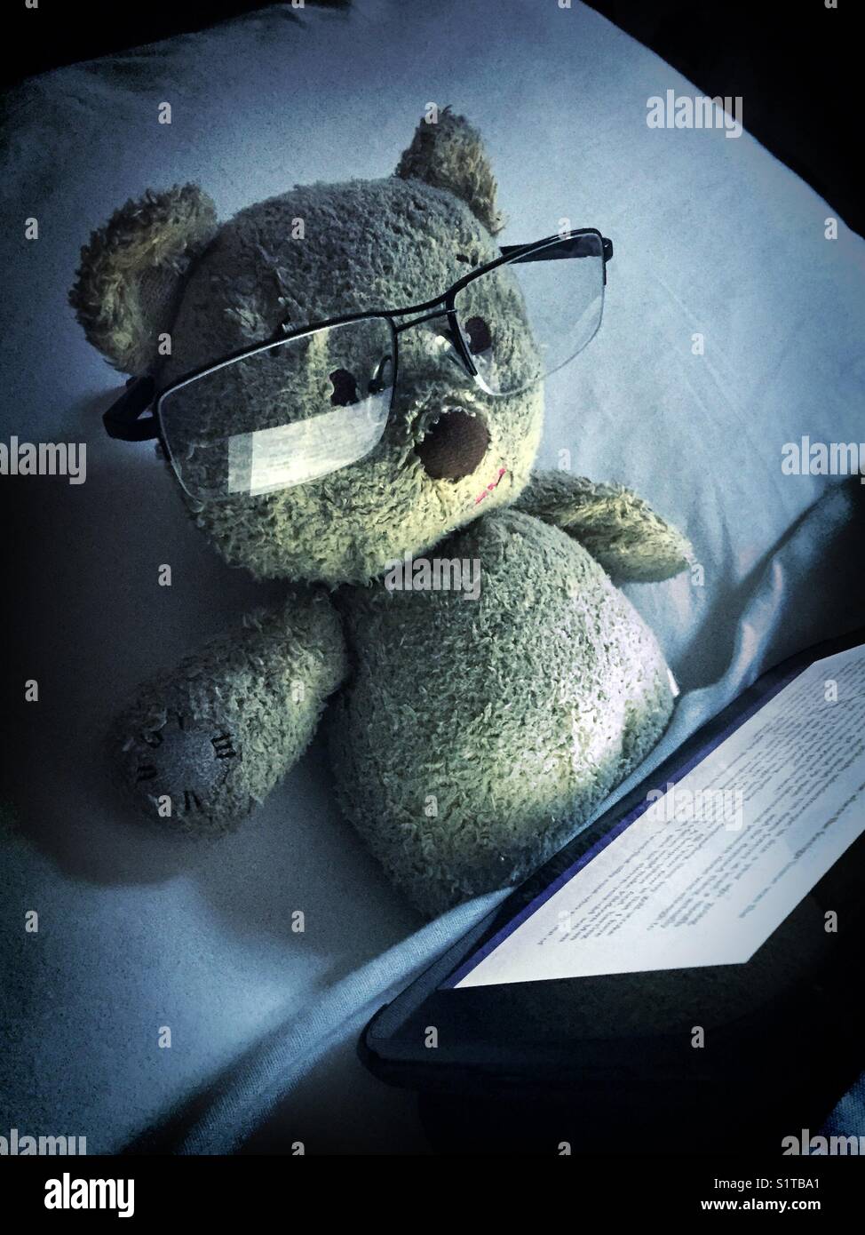 Reading mobile device in bed before sleep - Smartphone Captured Stock Image