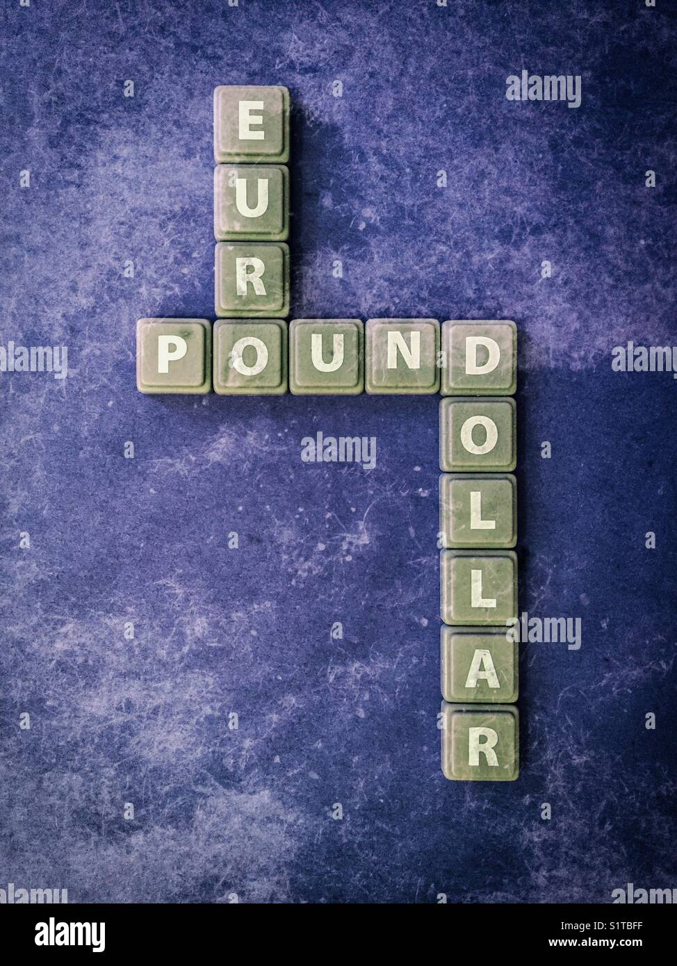 Scrabble tiles spelling out the words euro, pound and dollar - Smartphone Captured Stock Image