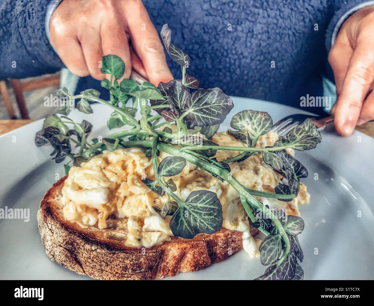 Woman having breakfast, scrambled eggs on toast - Smartphone Captured Stock Image