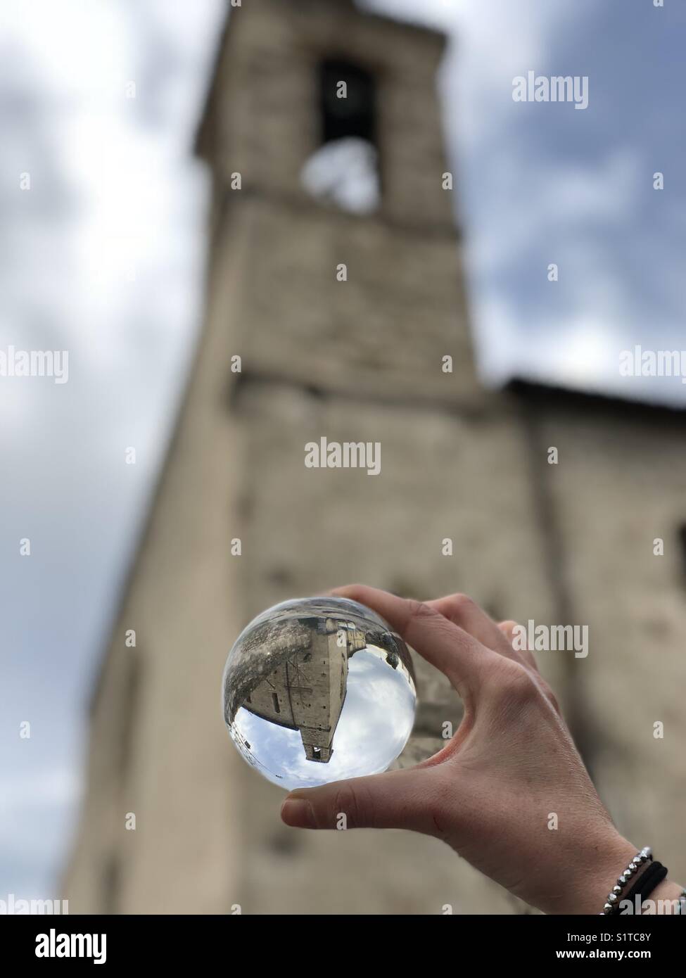 San Pietro church in a glass ball, Ascoli Piceno, Italy - Smartphone Captured Stock Image