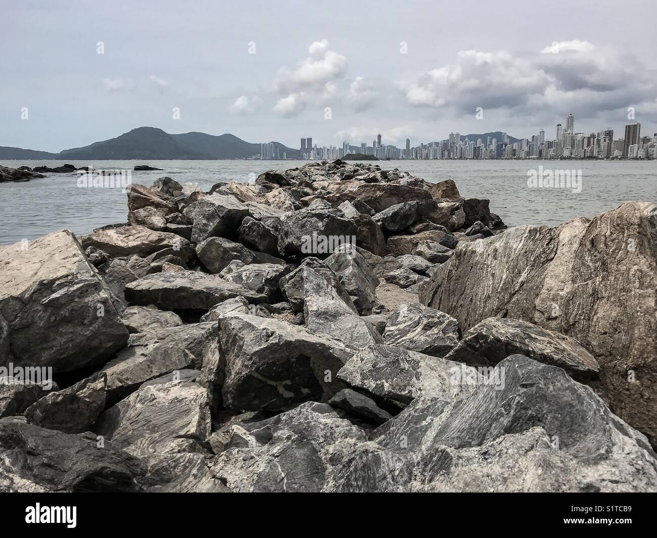 Balneário Camboriú, SC/ Brazil - Central Beach seen from the rocks at the beginning of the beach - Smartphone Captured Stock Image