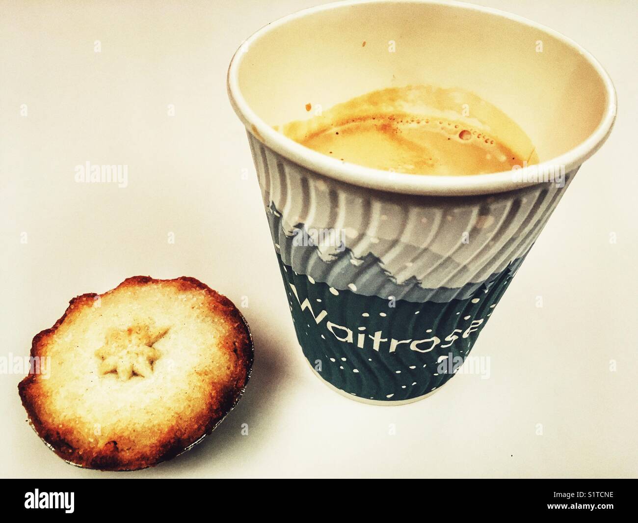 Waitrose Christmas take away coffee and mince pie - Smartphone Captured Stock Image