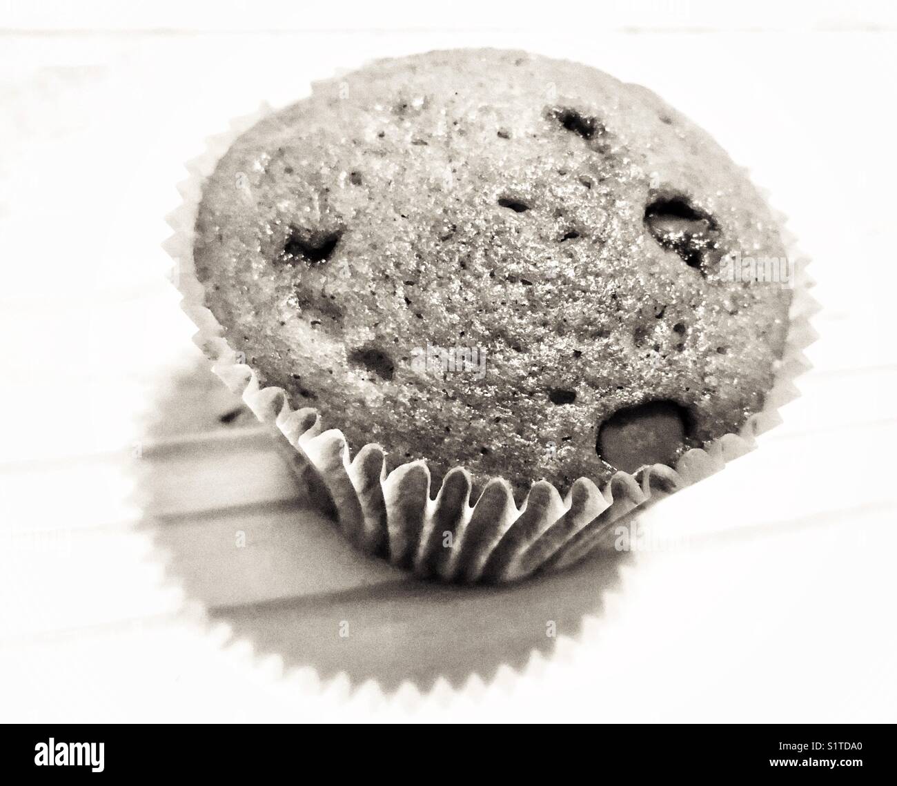 Artistic monochrome image of homemade zucchini chocolate chip muffin in a wooden table Stock Photo