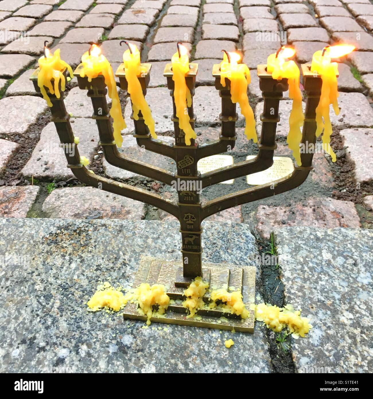 Burning candles on the Jewish rack, Meissen Elbestrasse, Saxony, Germany - Smartphone Captured Stock Image