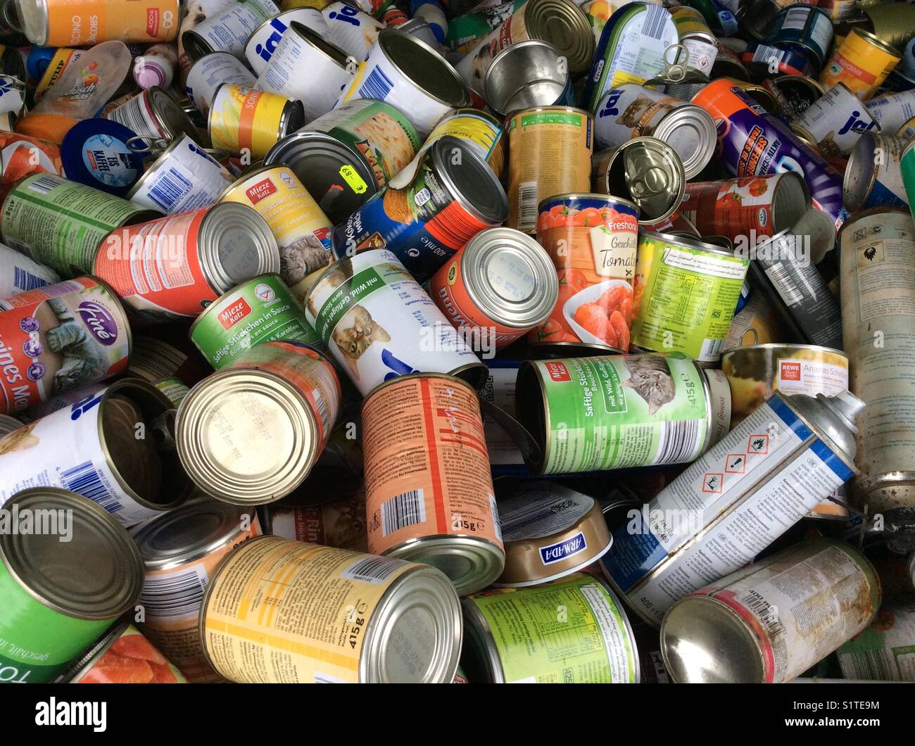 Used food cans at recycling center, Germany, Europe Stock Photo Alamy