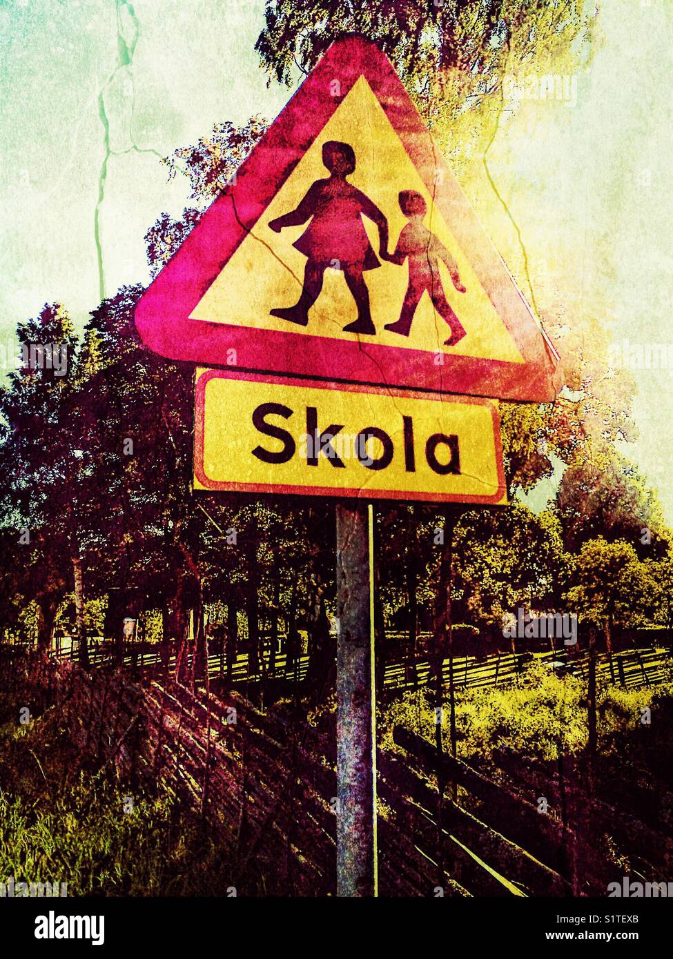 Swedish road sign beware of children, school nearby, Sweden, Scandinavia Stock Photo