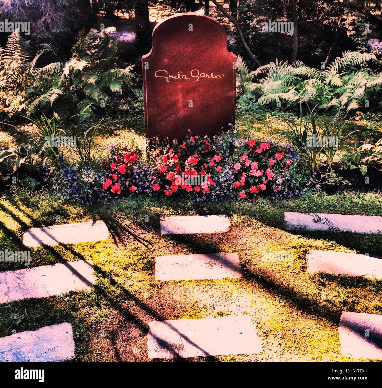 Grave of Swedish film star Greta Garbo in Skogskyrkogarden Cemetery a UNESCO World Heritage site, Stockholm, Sweden, Scandinavia - Smartphone Captured Stock Image