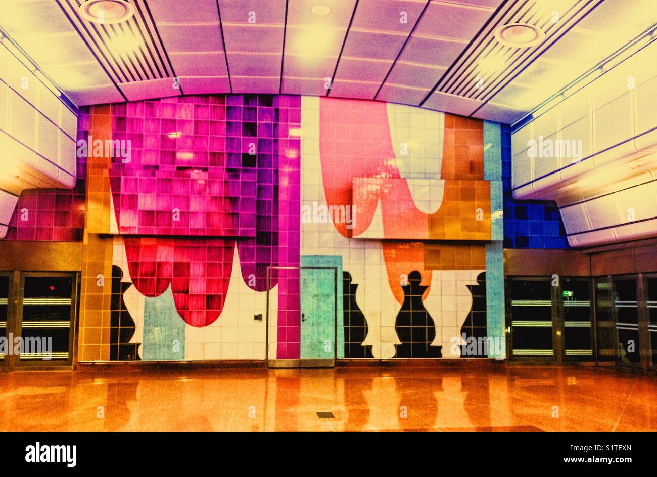 “Skies” a work of art in stoneware glazes, enamel colours and gold on stoneware plates by Astrid Sylwan, eastern platform, Stockholm City Station, Stockholm, Sweden, Scandinavia - Smartphone Captured Stock Image