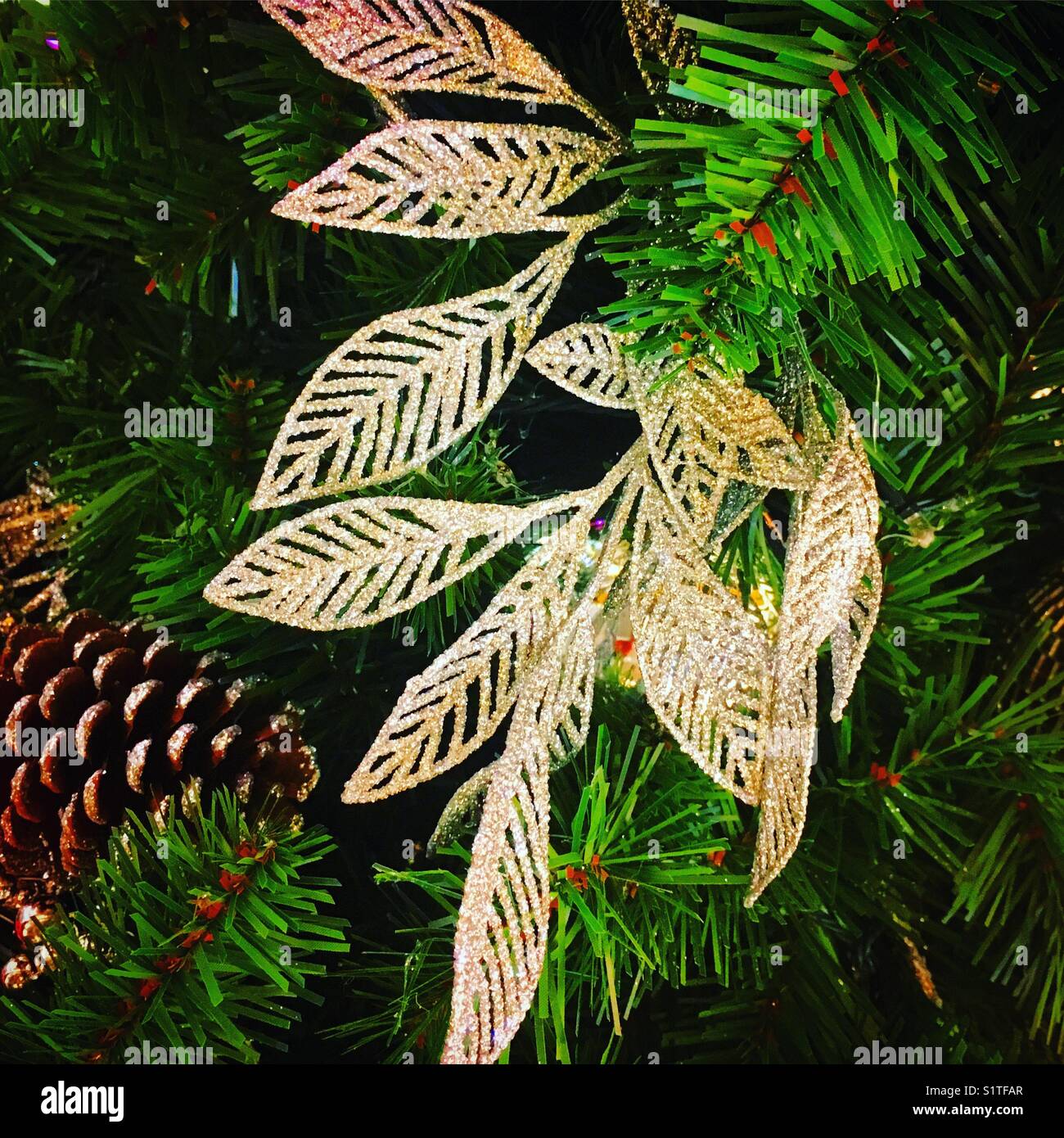 Christmas silvery decoration leaves - Smartphone Captured Stock Image