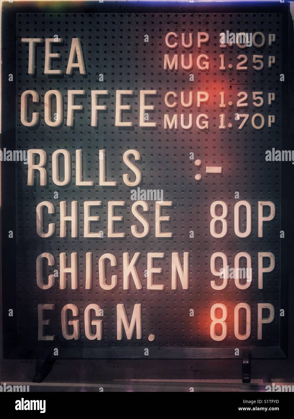 Retro sign for tea, coffee and rolls in cafe - Smartphone Captured Stock Image
