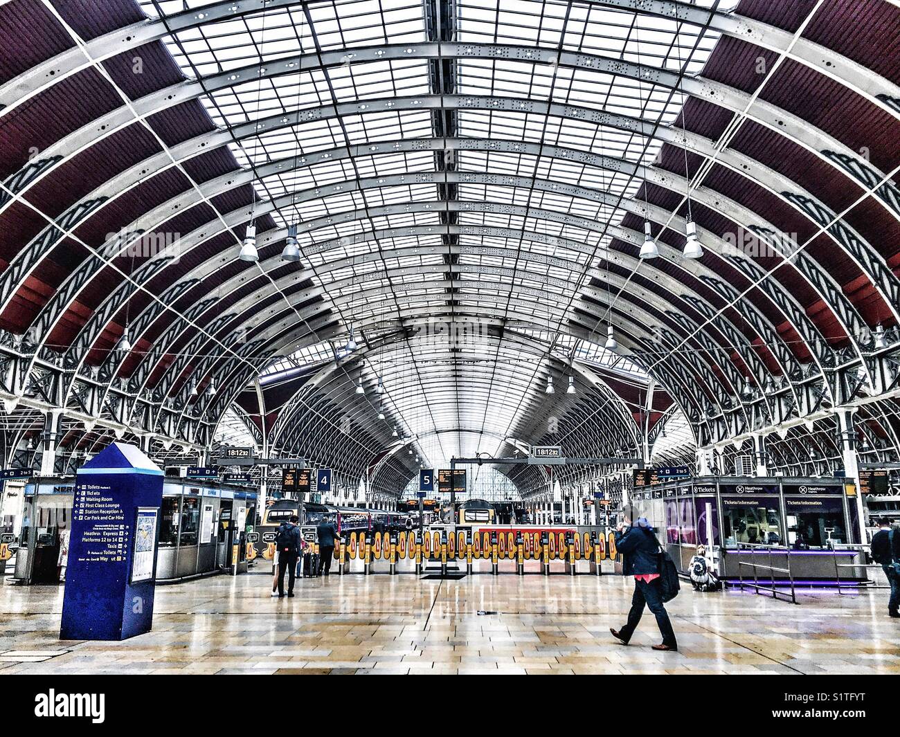 The concourse and roof architecture at London Paddington train station