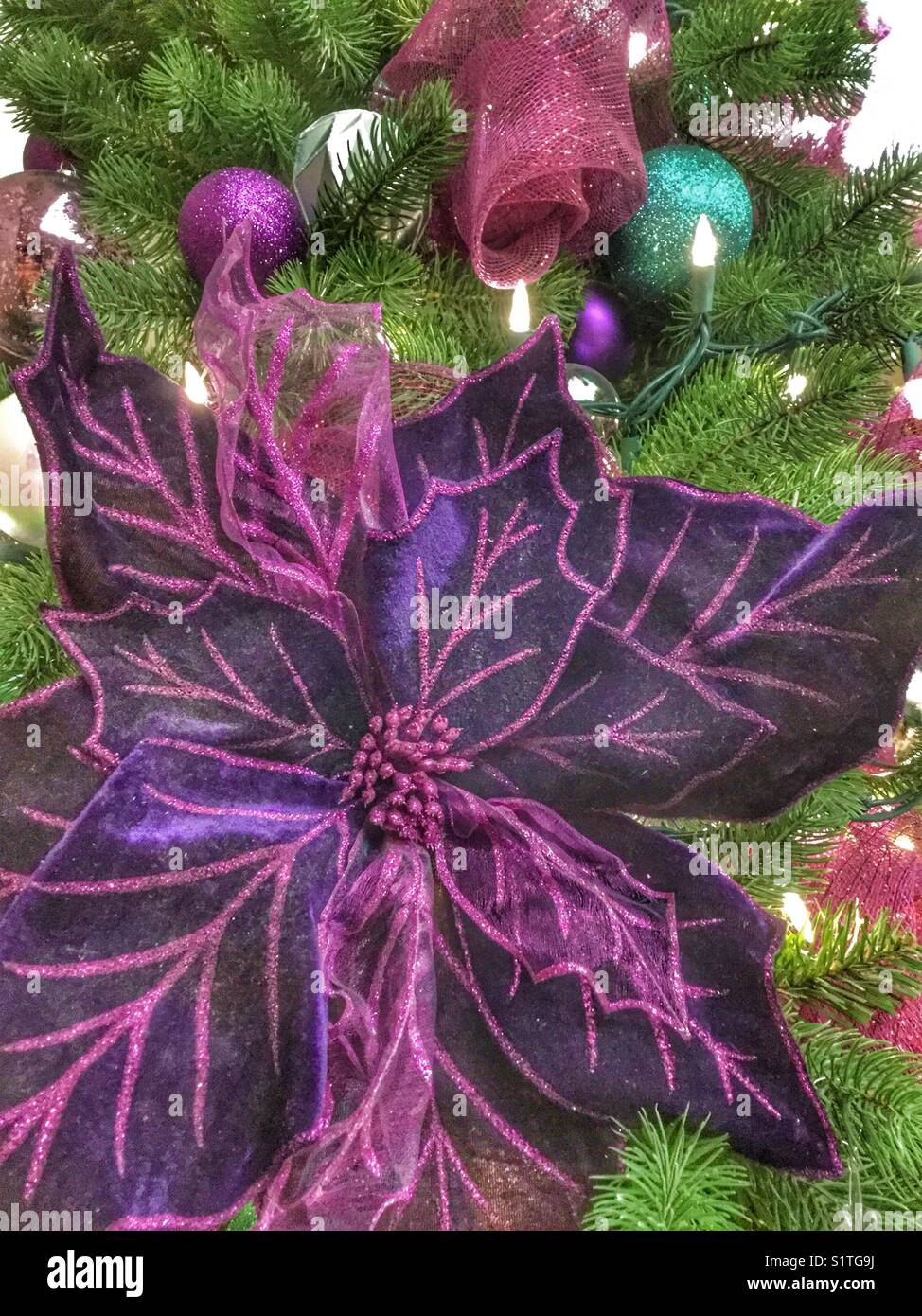 Bright purple Christmas tree decoration. Stock Photo