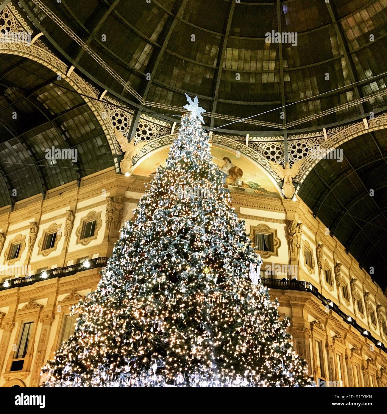 Beautiful lit up Christmas tree in Milan's Galleria Vittorio Emanuele II at night Stock Photo