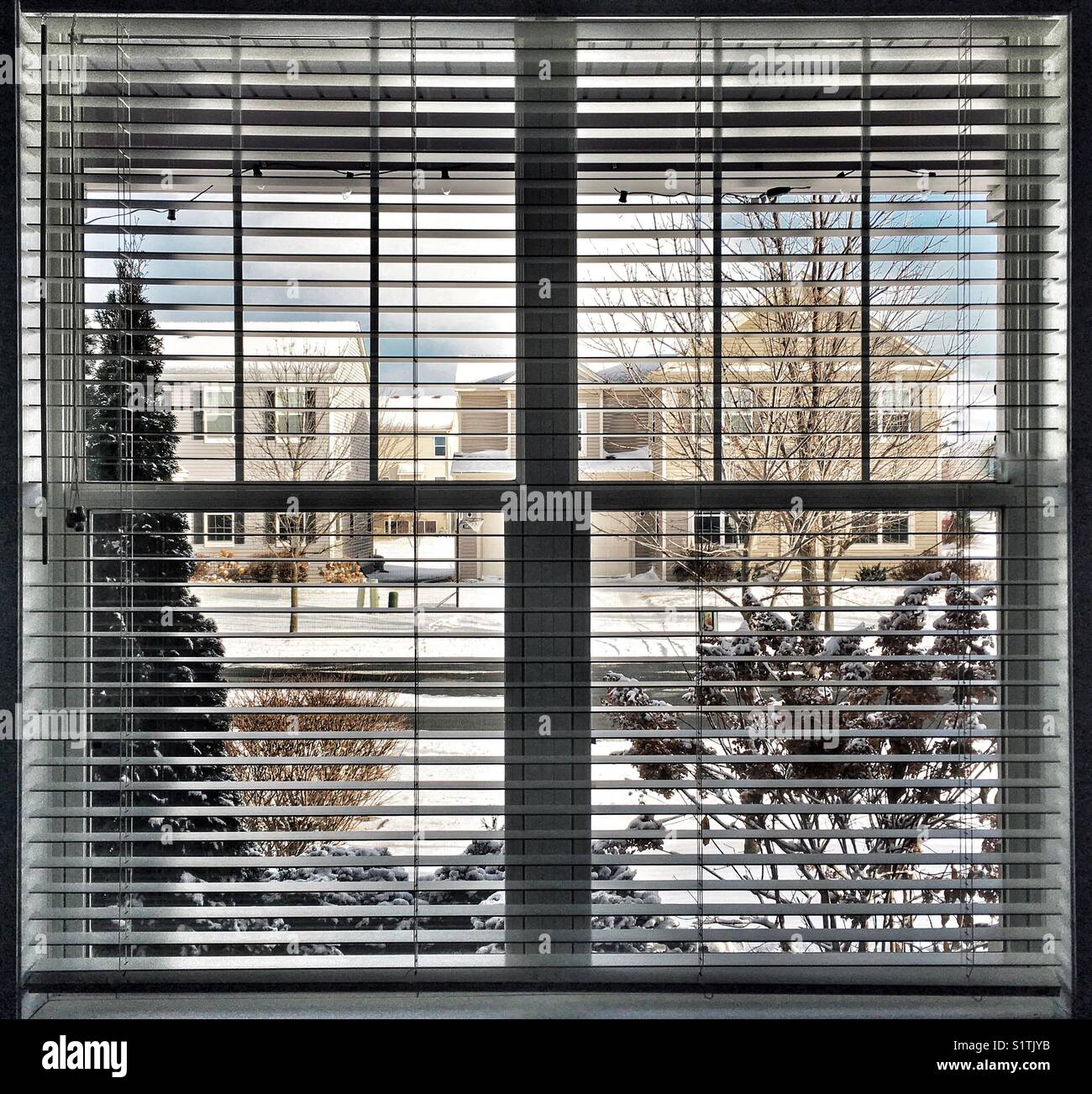 Looking outside during snowy day through the window with blinds Stock Photo
