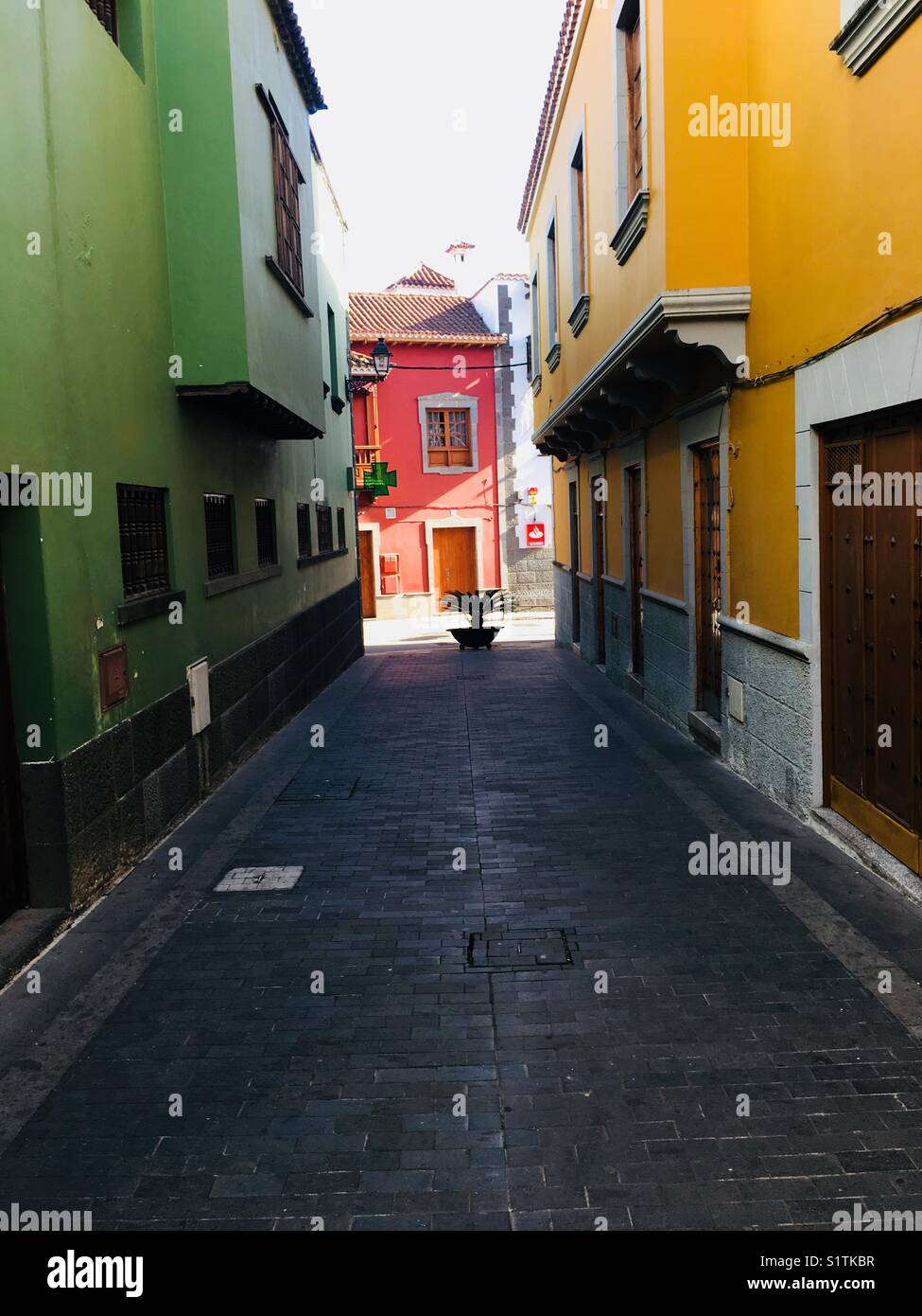 Colourful street in Teror on Gran Canaria in winter sun Stock Photo