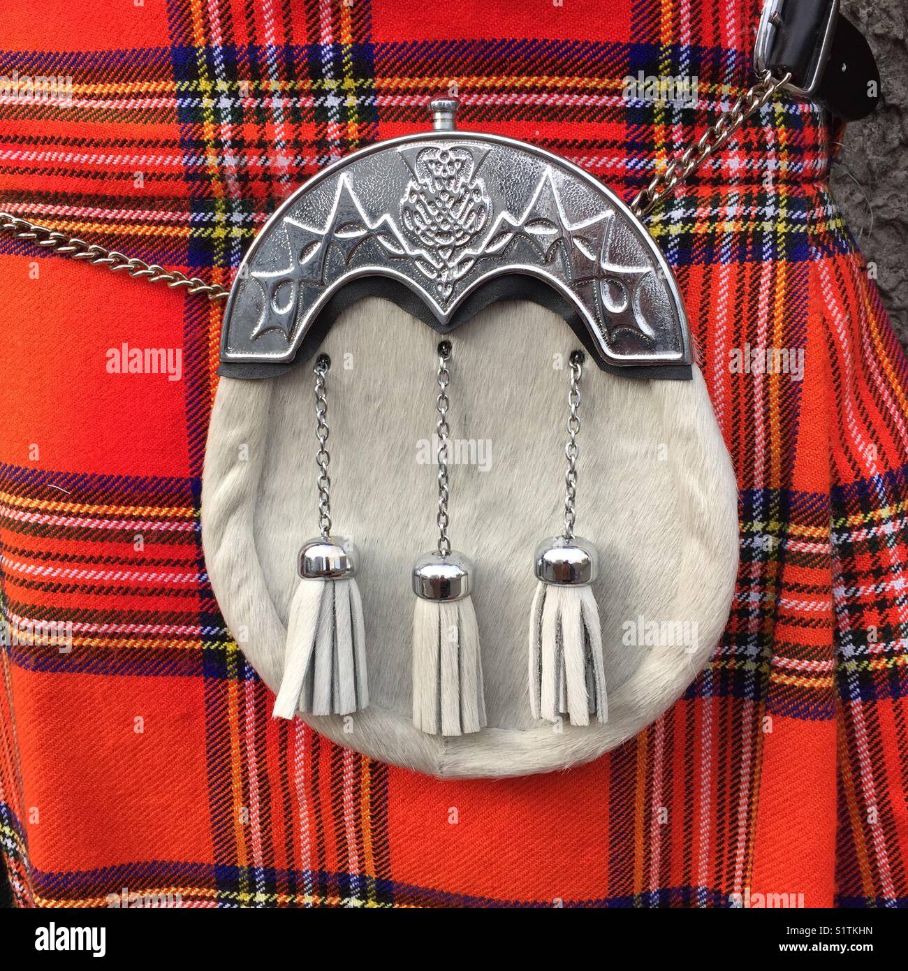 Traditional sporran and kilt in Scotland Stock Photo