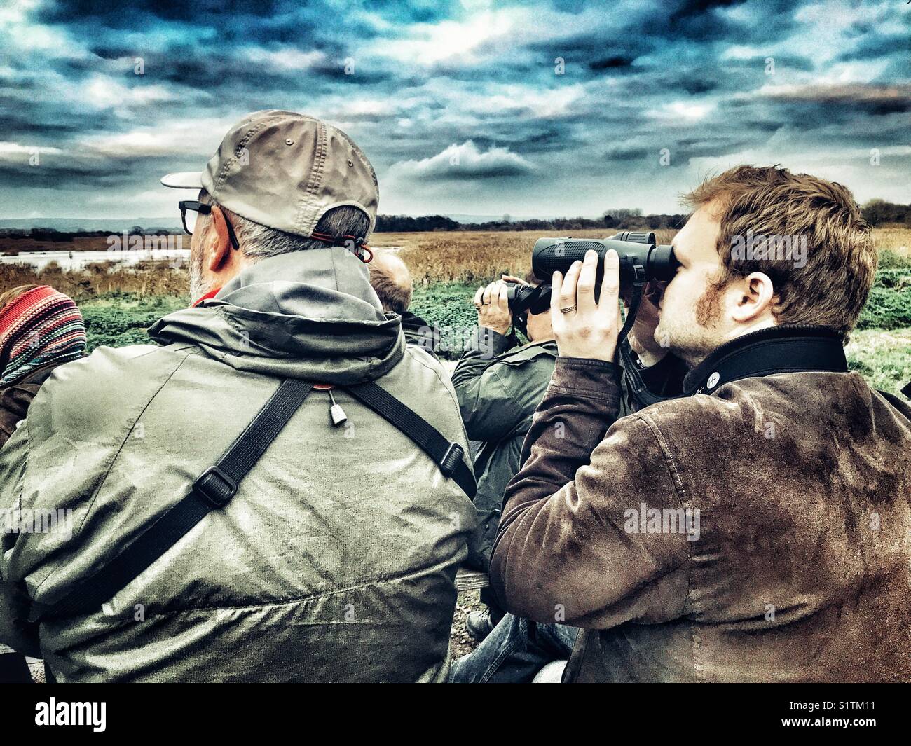 Twitchers with binoculars watching for the starling murmuration when the birds come to roost in the reed beds at night, Ham Wall, Avalon Marshes, Somerset, England - Smartphone Captured Stock Image