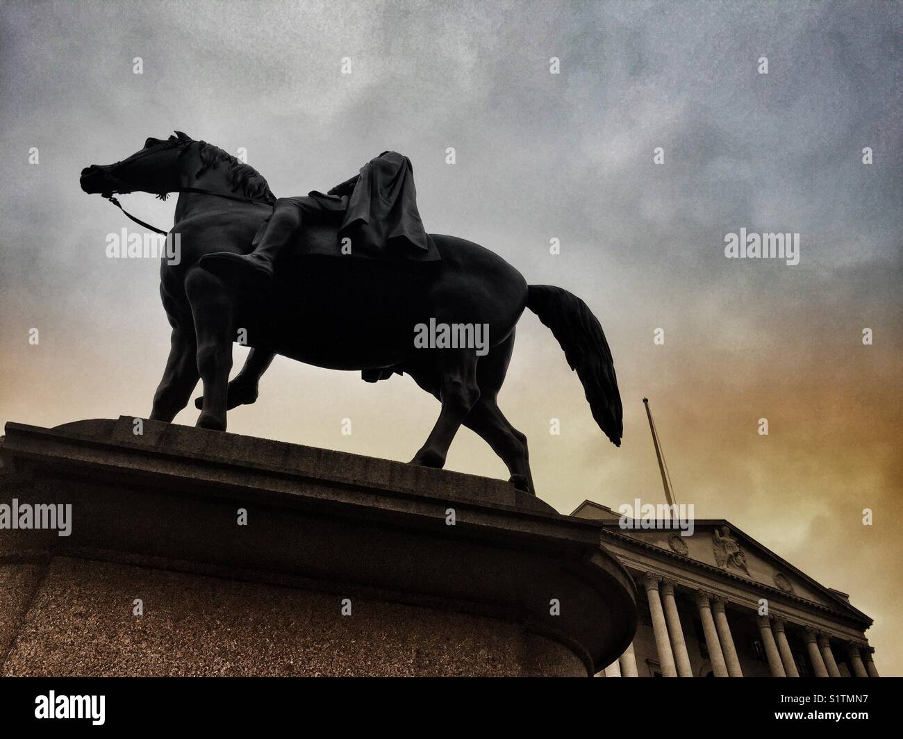 A statue of the Duke of Wellington next to the Bank of England in London - Smartphone Captured Stock Image