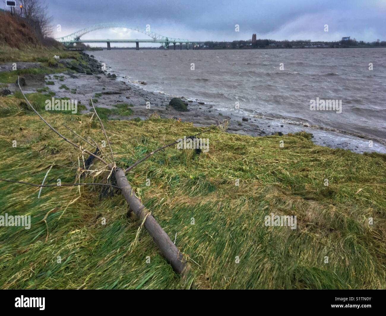 Standing on Wigg Island looking across the River Mersey at the old Runcorn Jubilee bridge Stock Photo