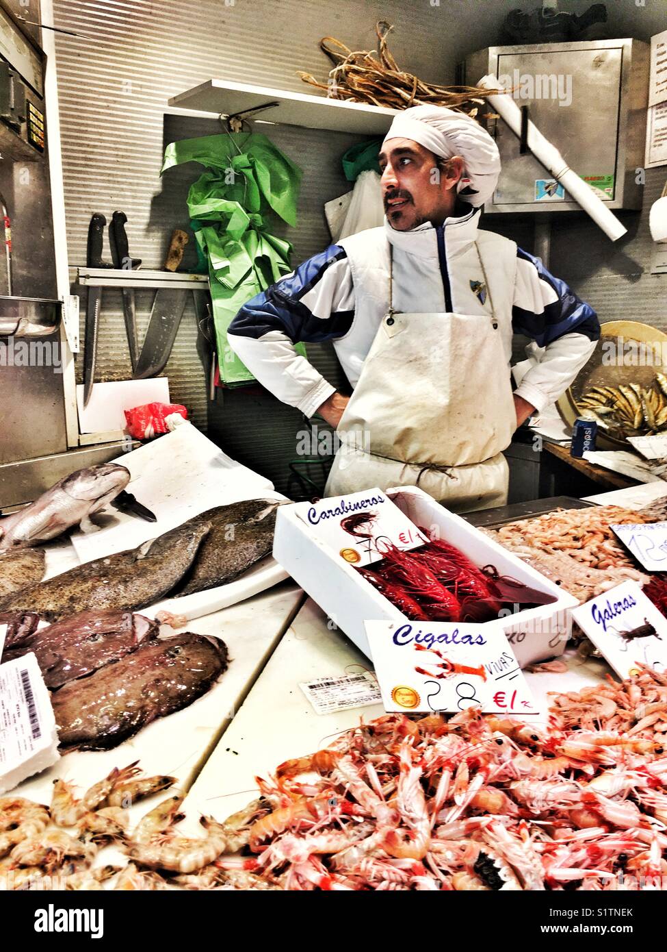Malaga, Mercado de Atazaranas, seafood vendor, Spain - Smartphone Captured Stock Image