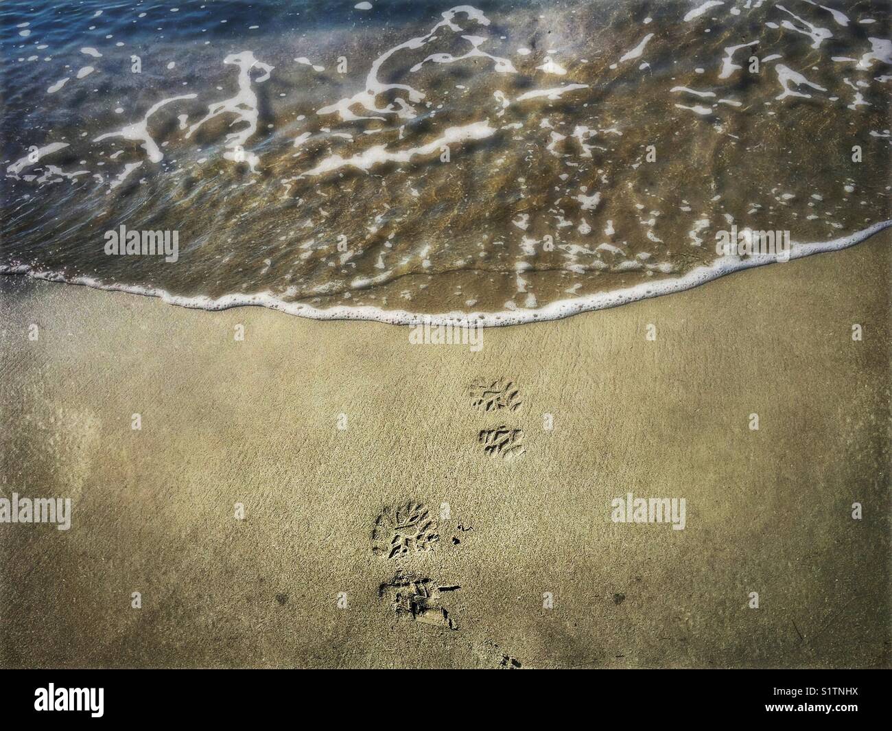 Boot prints on the beach, about to get washed away - Smartphone Captured Stock Image