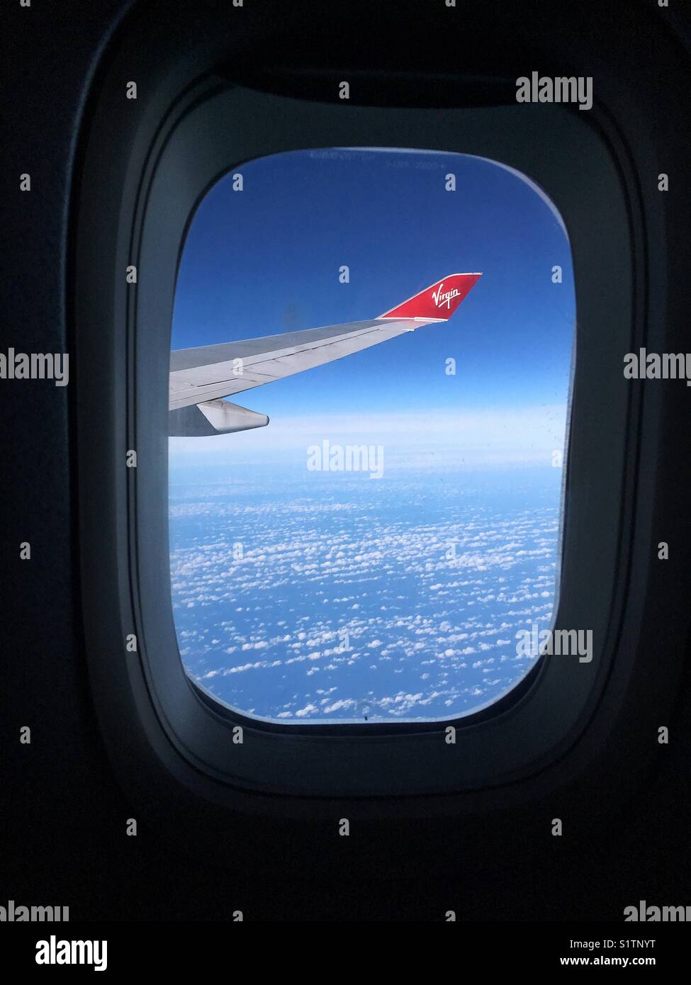 View from the window of a Virgin Atlantic Boeing 747 Stock Photo