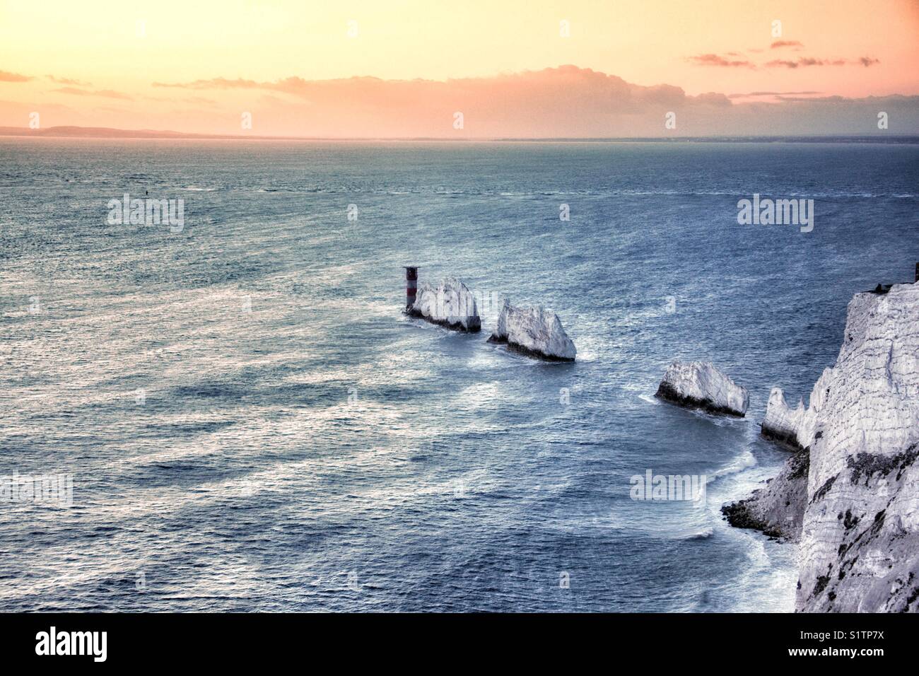 The Needles, IOW. On a December evening. Stock Photo