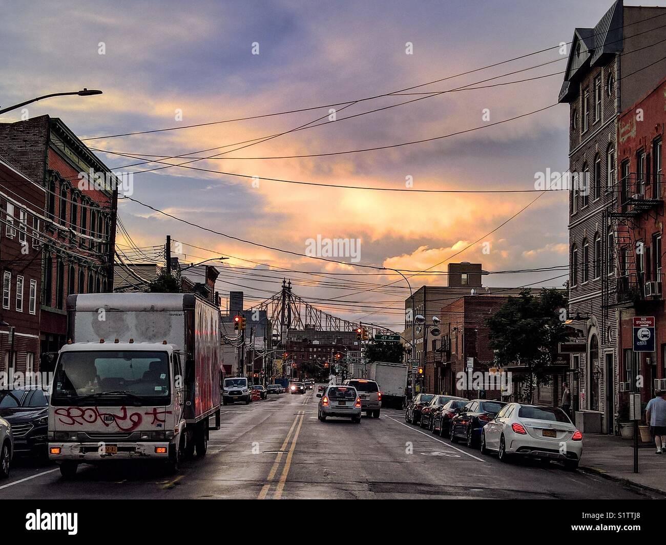 Vernon Blvd, Long Island City Main Street, at sunset, facing north bound - Smartphone Captured Stock Image