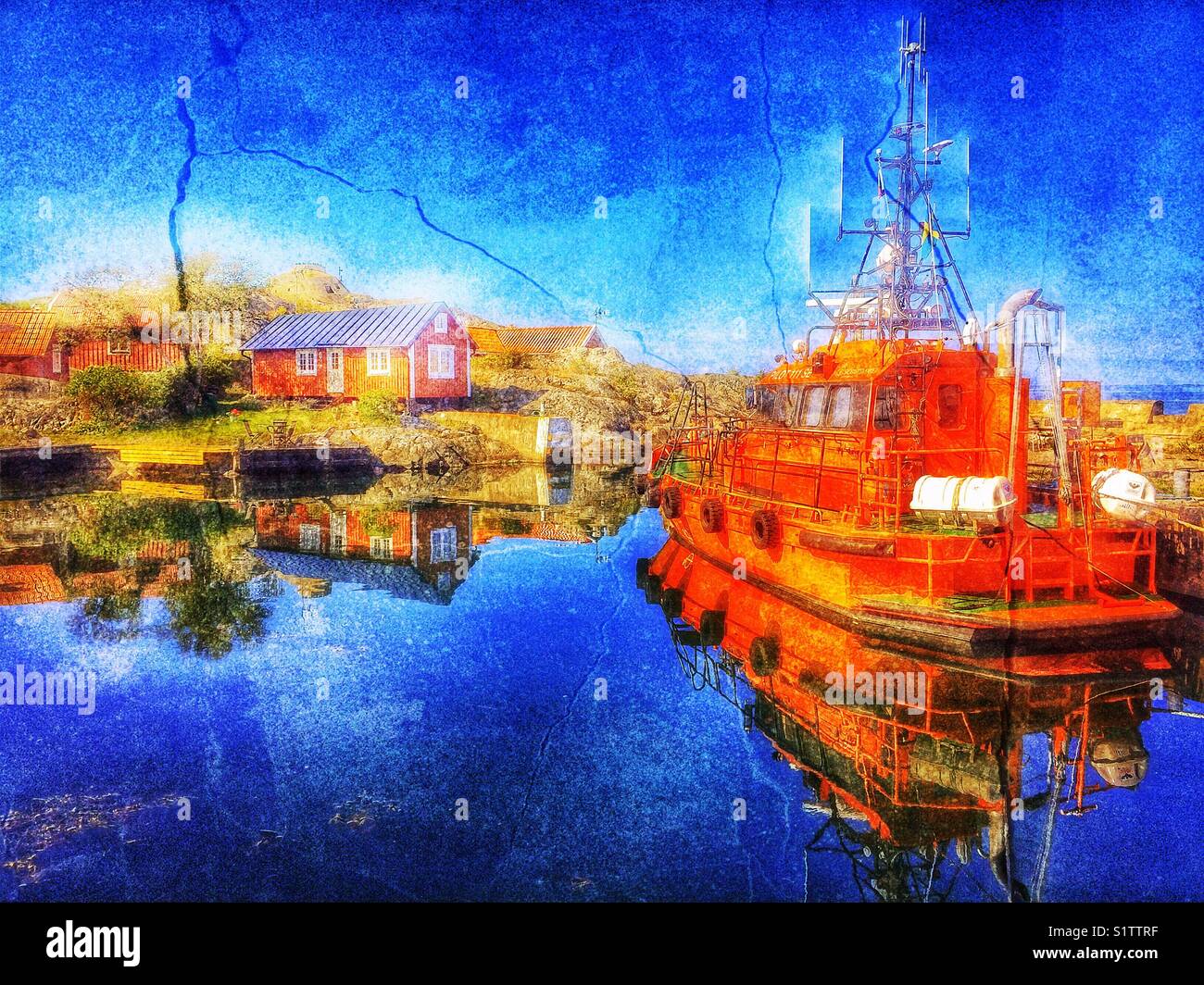 Pilot boat docked in Vasterhamn (west harbour) on the island of Oja at the southern end of the Stockholm archipelago, Sweden, Scandinavia - Smartphone Captured Stock Image
