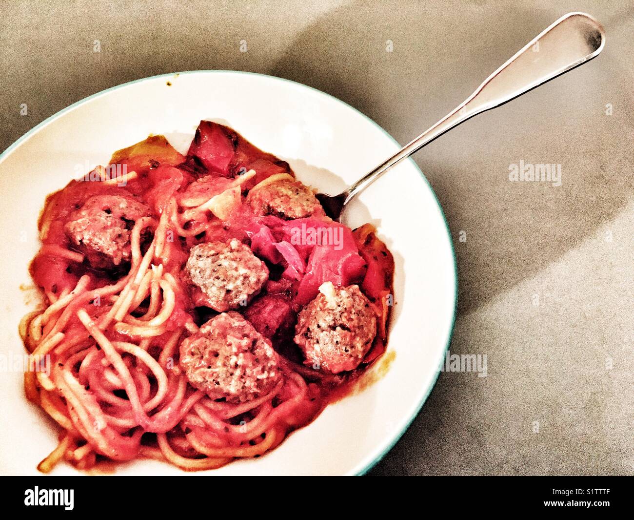 Coop low fat spaghetti and meatballs ready meal - Smartphone Captured Stock Image