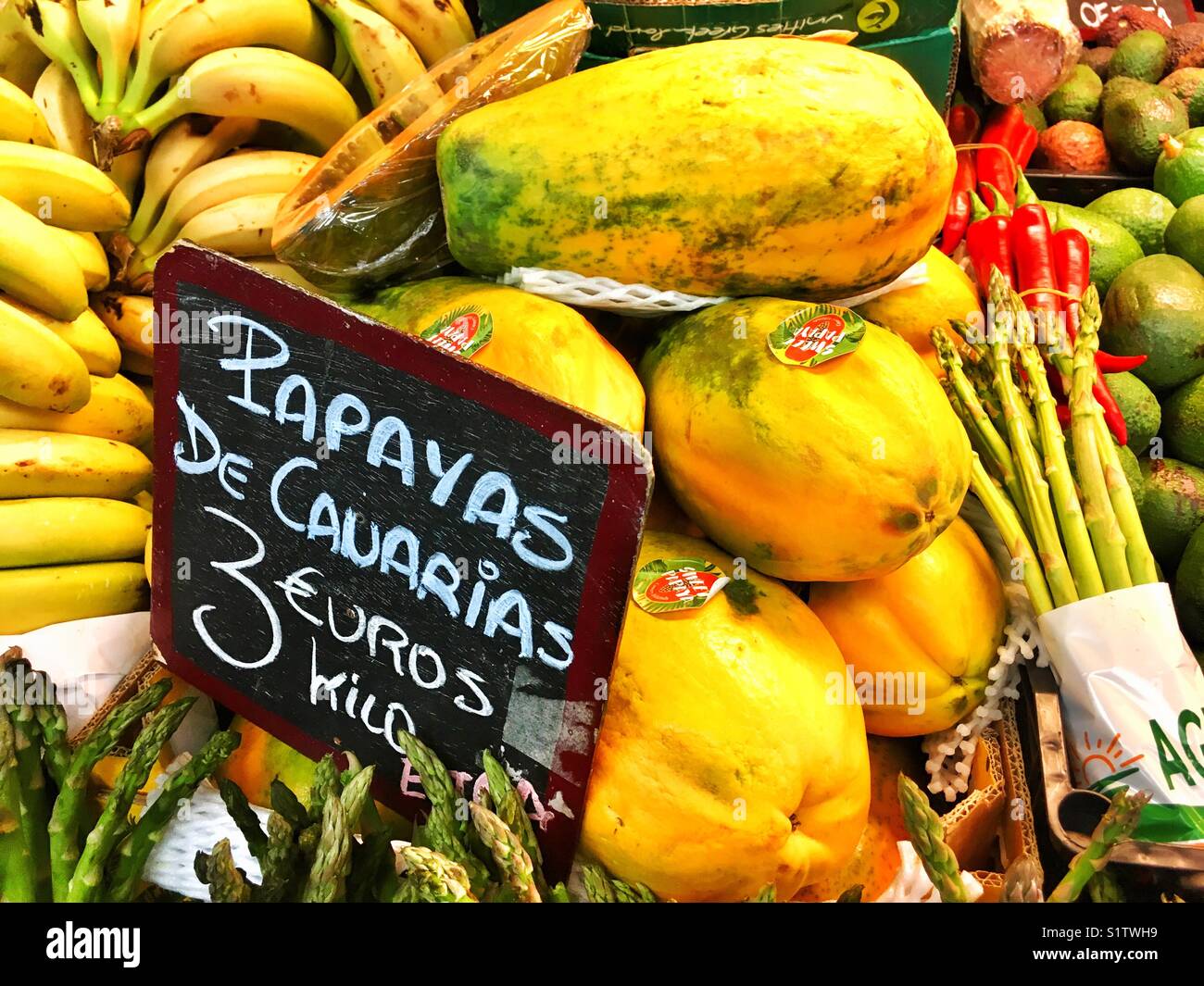 Papayas from Canary Islands, fruits, Spain market Stock Photo
