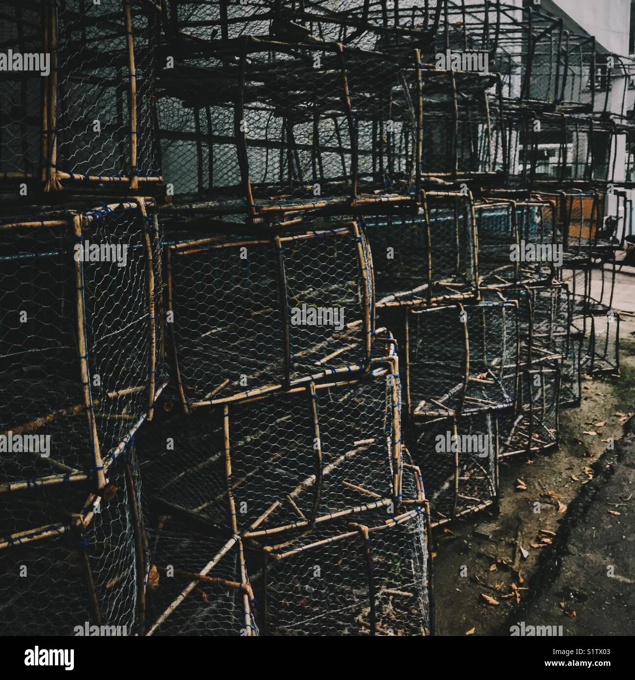 Empty crab traps after being cleaned in The streets of Belitong Island, Indonesia - Smartphone Captured Stock Image