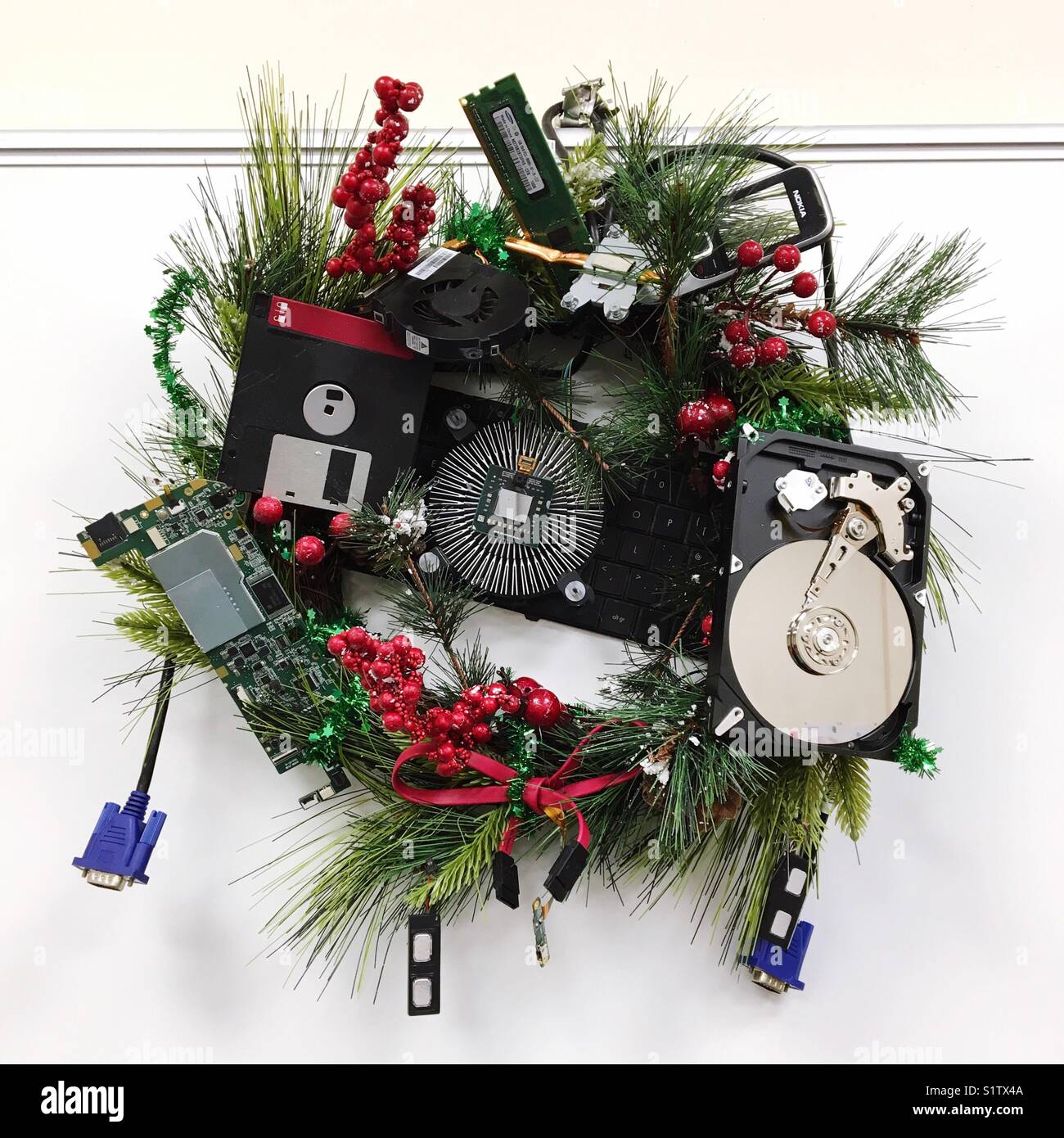Christmas wreath made from broken computer equipment Stock Photo