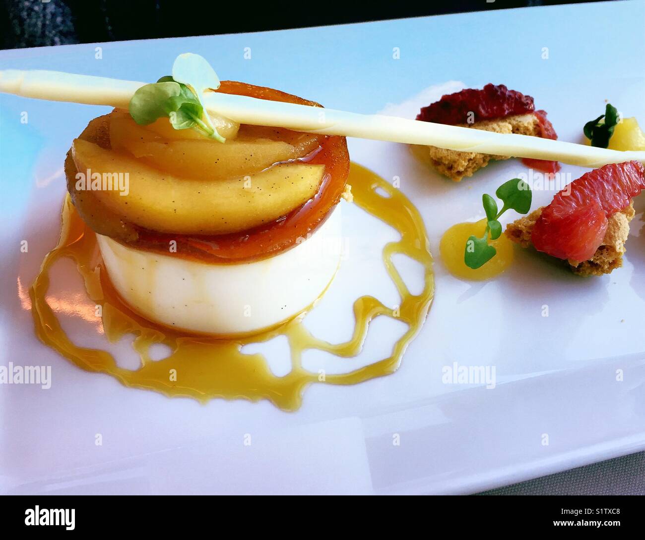 Flan dessert with white chocolate garnish, gourmet restaurant USA Stock  Photo - Alamy