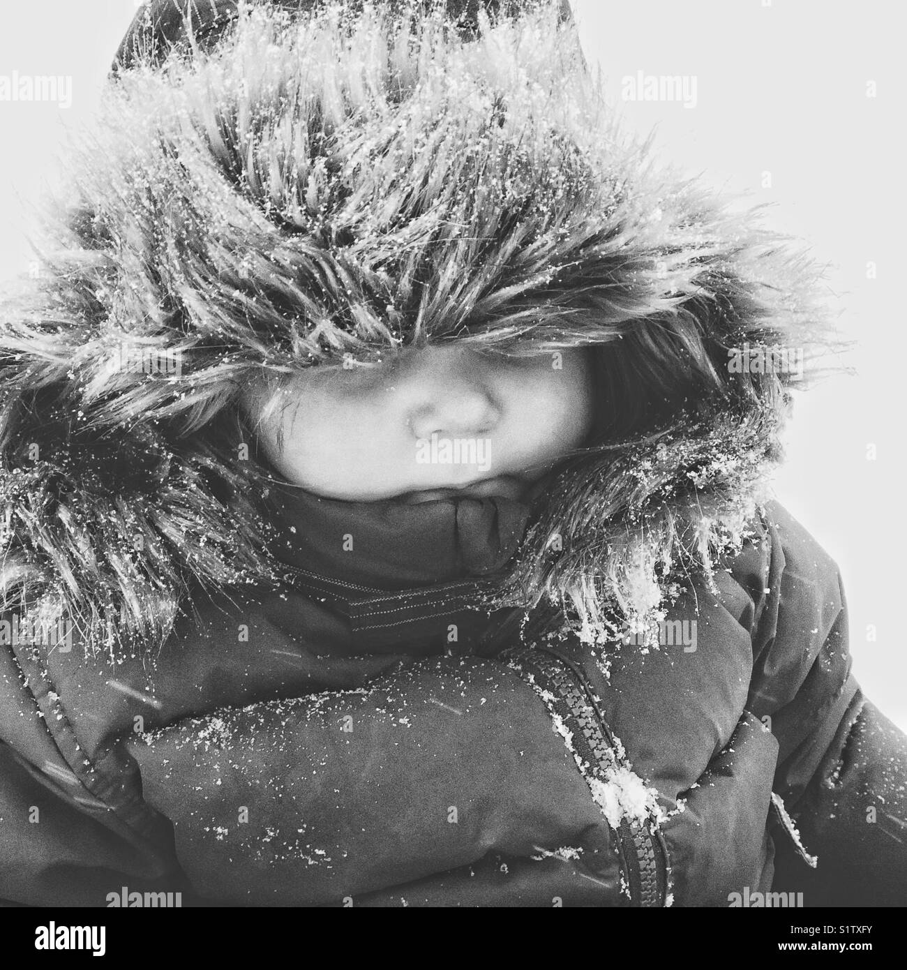 Monochrome image of baby bundled in winter snowsuit complete with fur trapper hat covering eyes Stock Photo