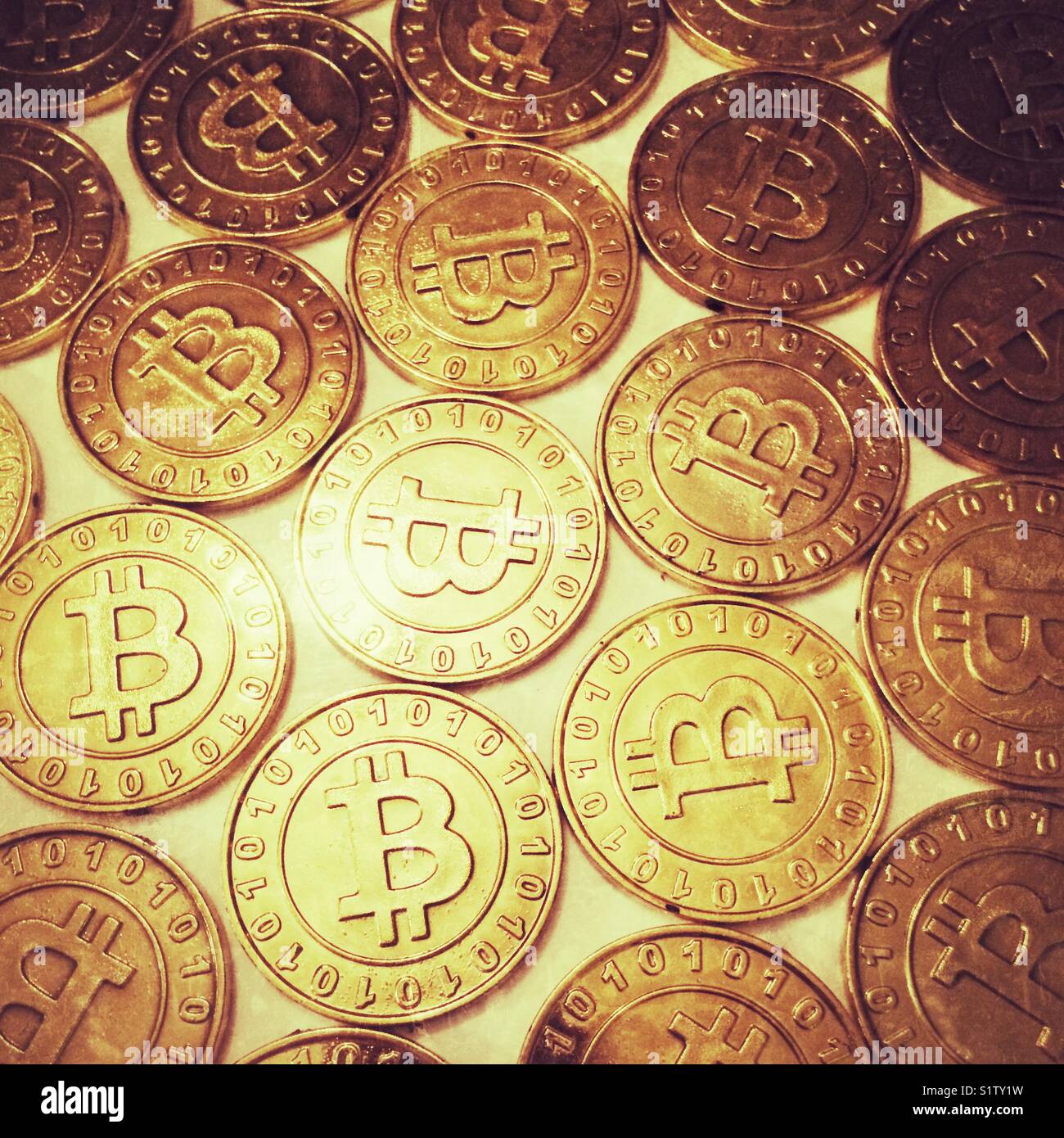 Gold bitcoin coins - Smartphone Captured Stock Image