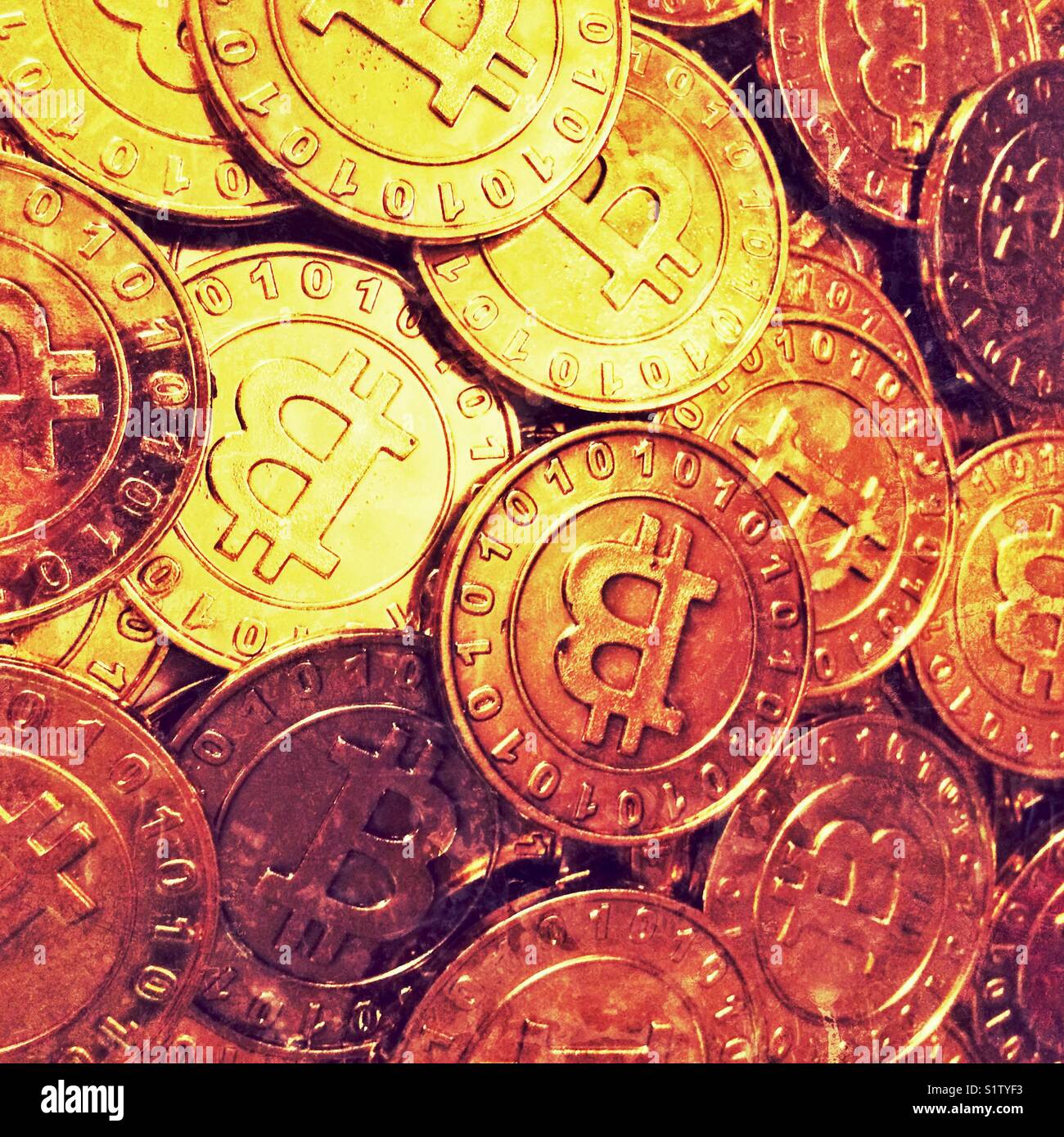 Pile of golden bitcoins coins Stock Photo