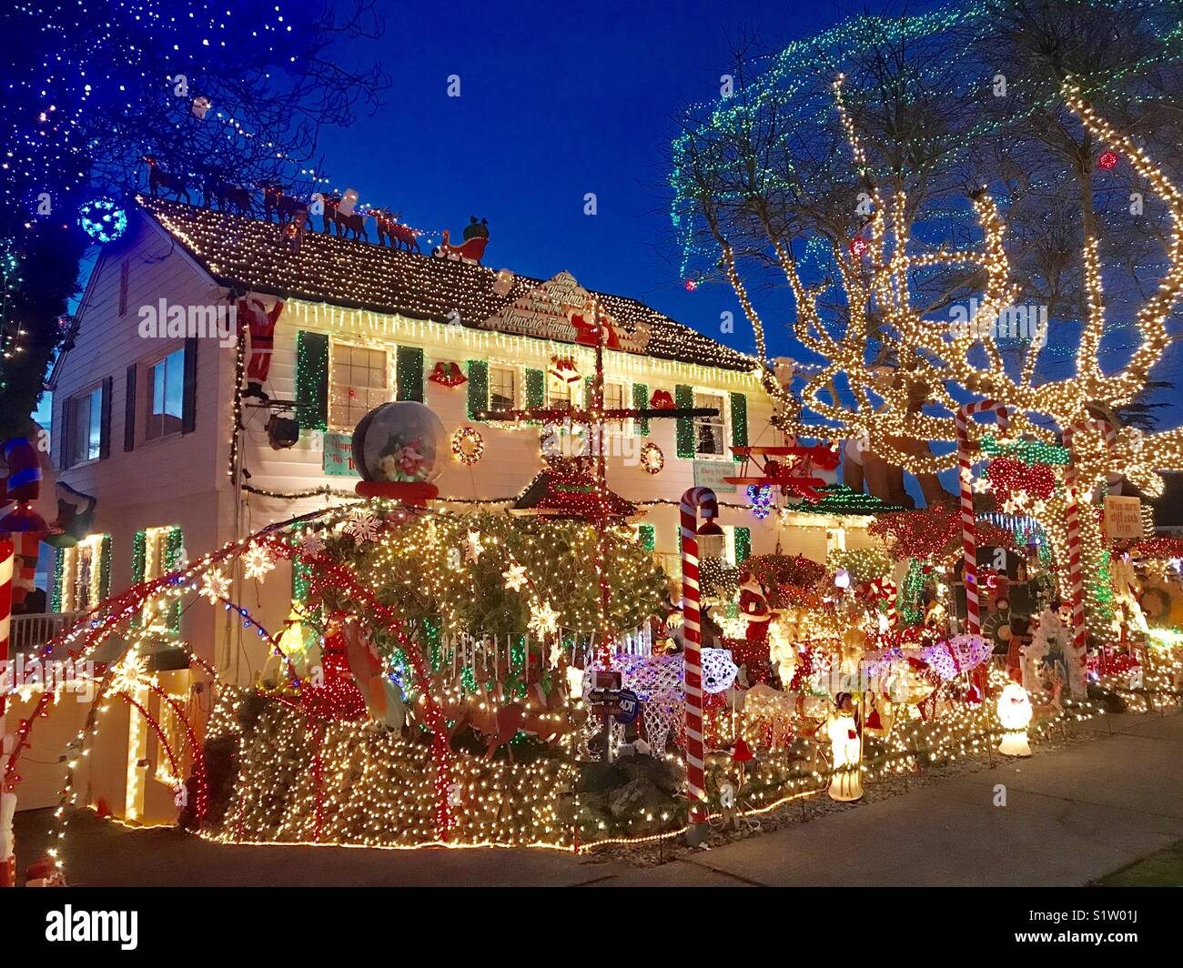 Over the top Christmas decorations, Seattle, dusk Stock Photo