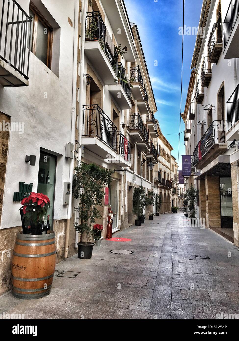 Calle Mayor in the historic Old Town of Javea at Christmas time, Alicante Province, Spain - Smartphone Captured Stock Image