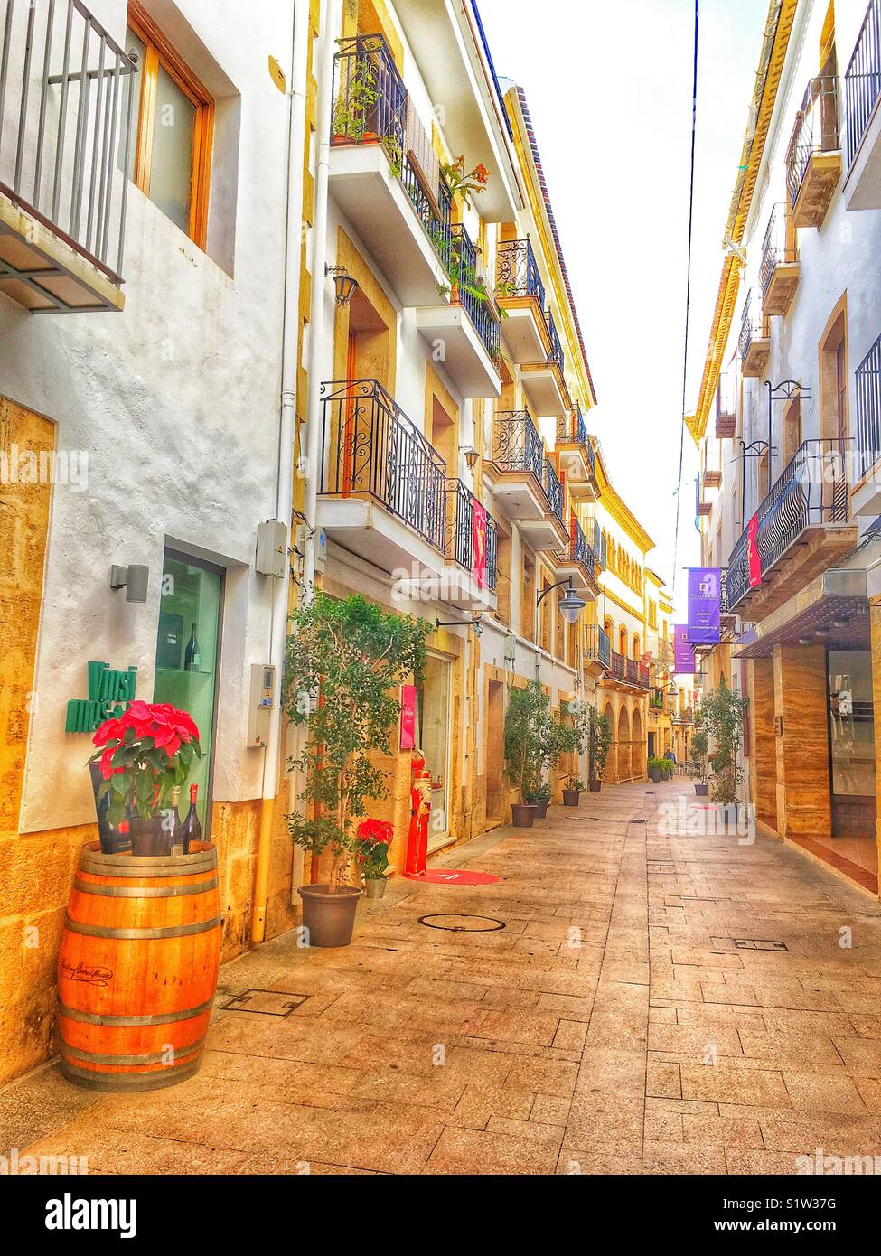 Calle Mayor, decorated for Christmas. Javea, Alicante Province, Spain - Smartphone Captured Stock Image