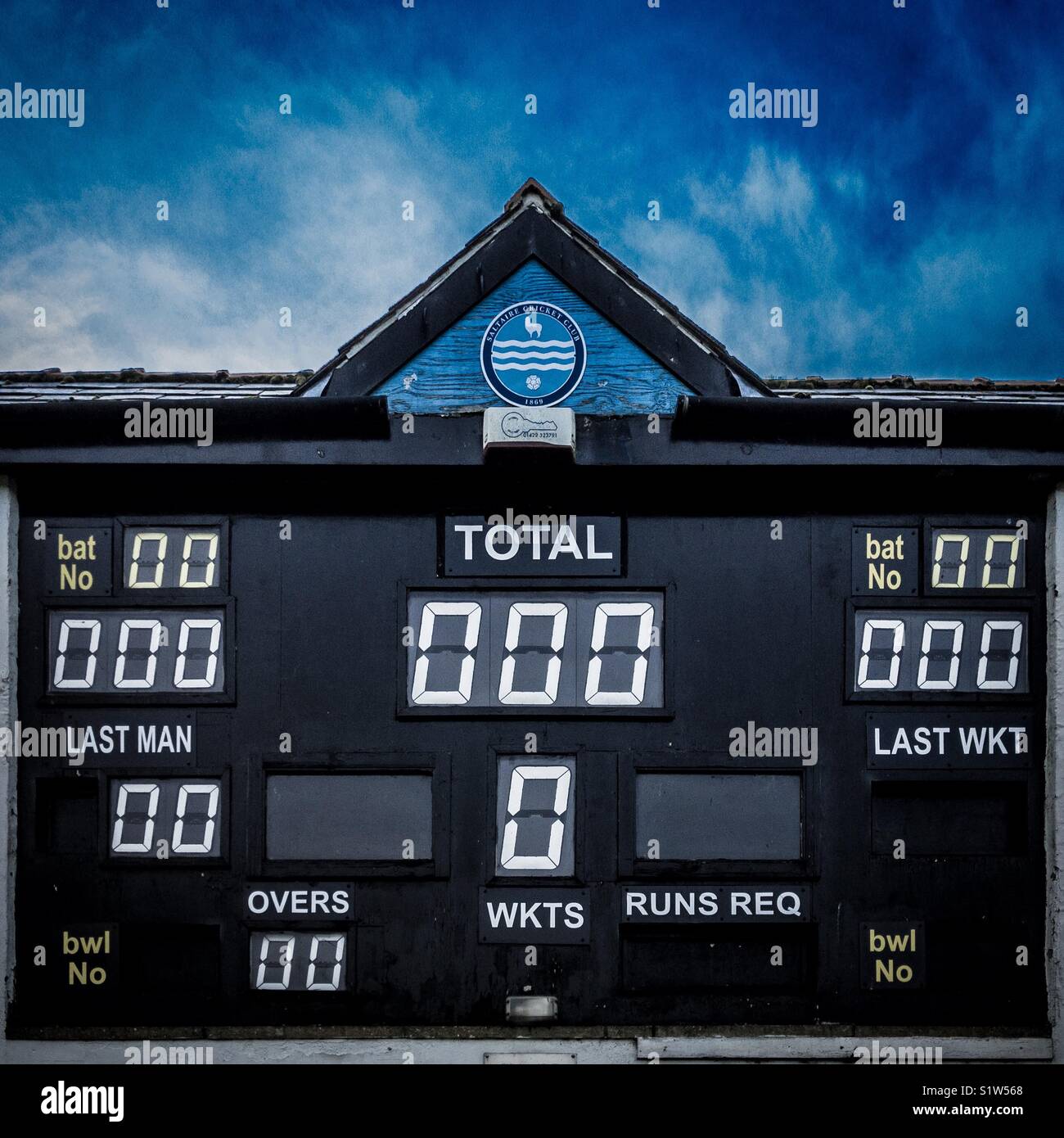 Cricket scoreboard at Saltaire Stock Photo