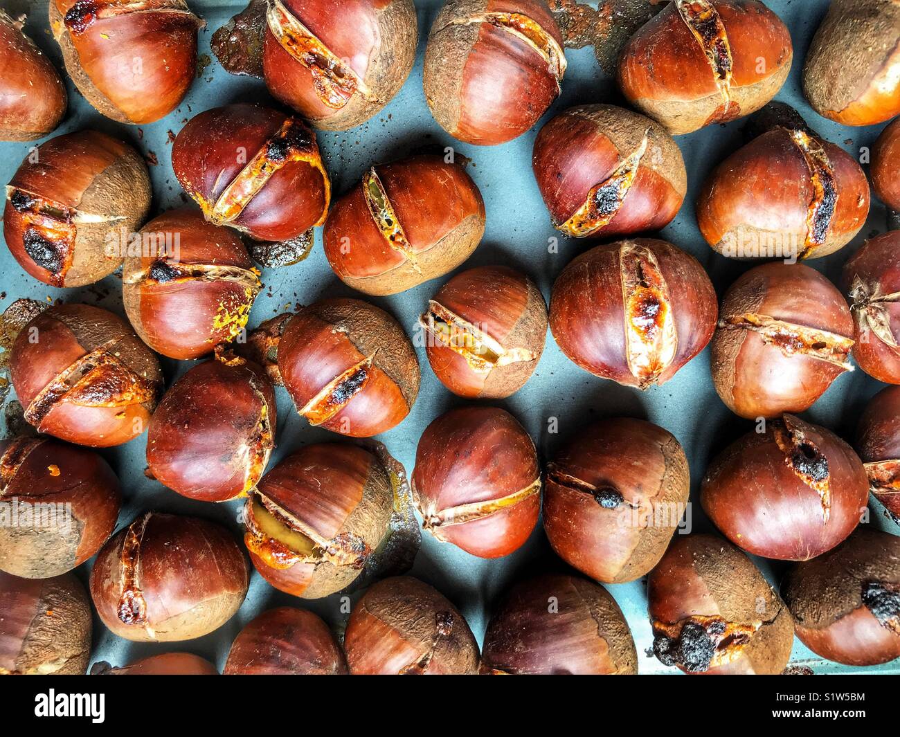 Roast chestnuts on a baking tray - Smartphone Captured Stock Image