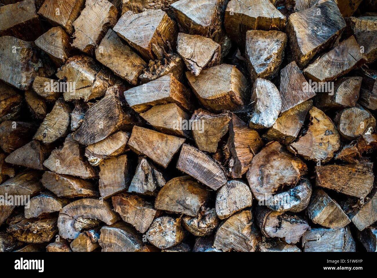 Wood logs fire burn timber.  Chopped logs.  Stacked firewood - Smartphone Captured Stock Image