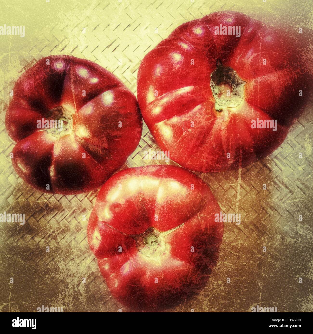 Three beef tomatoes, high angle view - Smartphone Captured Stock Image